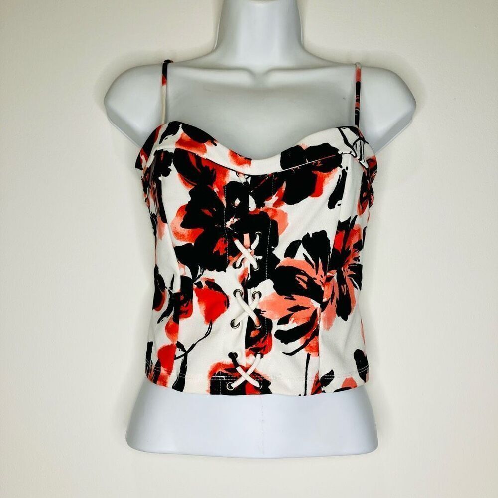 Chloe & Katie Floral Lace-Up Corset Bustier Crop Top Tank — Medium
